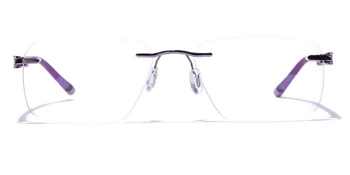 purple rimless eyeglasses